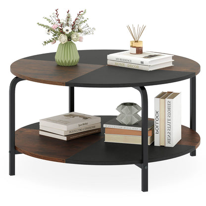2-Tier Round Coffee Table Metal Frame with Storage Shelf