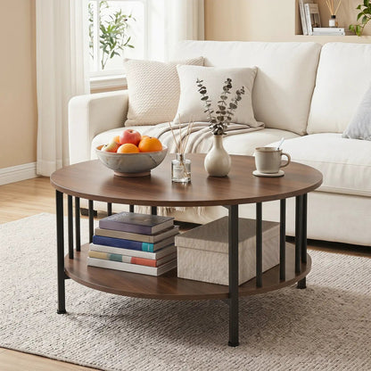 Round Coffee Table with Storage and Metal Frame
