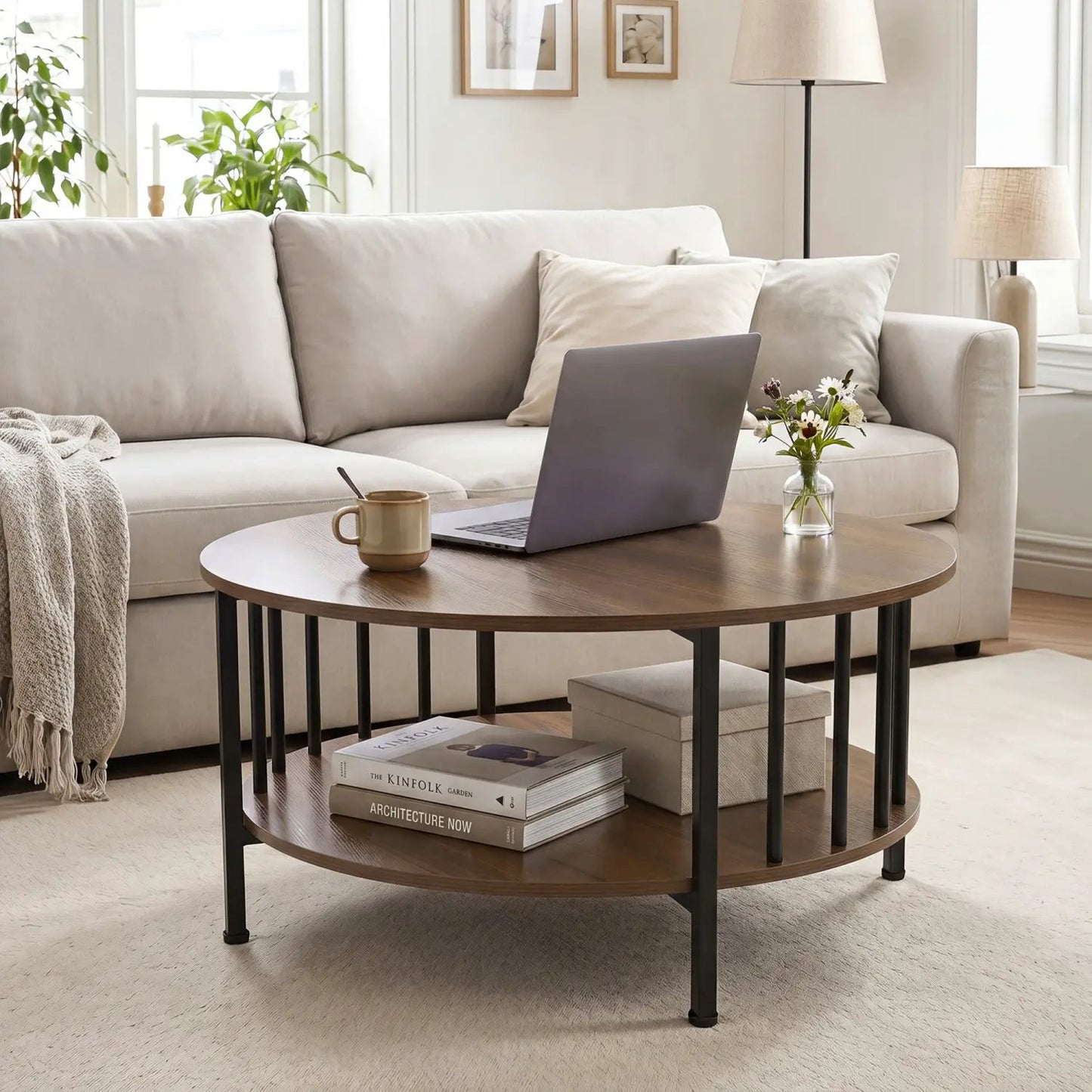 Round Coffee Table with Storage and Metal Frame