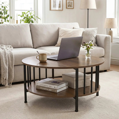 Round Coffee Table with Storage and Metal Frame