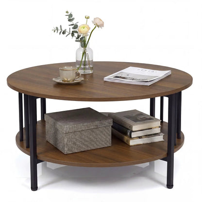 Round Coffee Table with Storage and Metal Frame