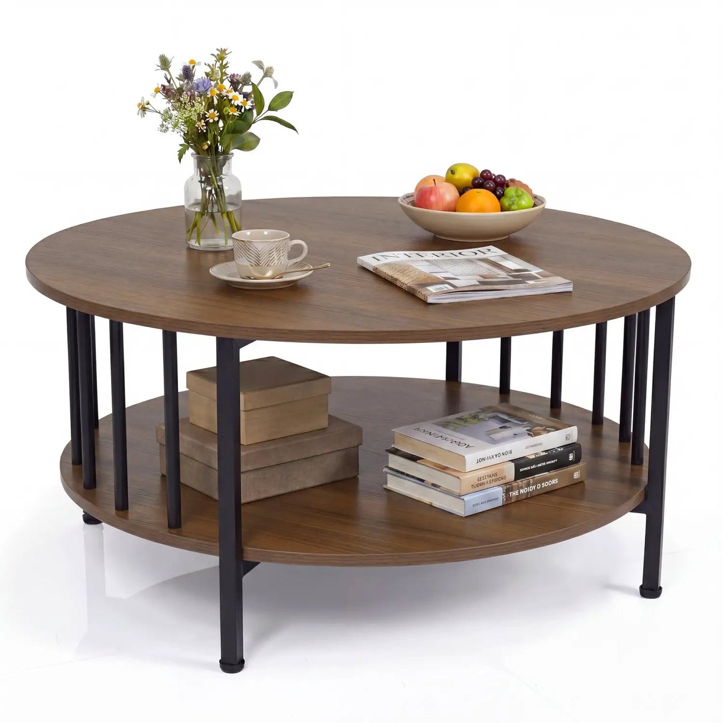 Round Coffee Table with Storage and Metal Frame