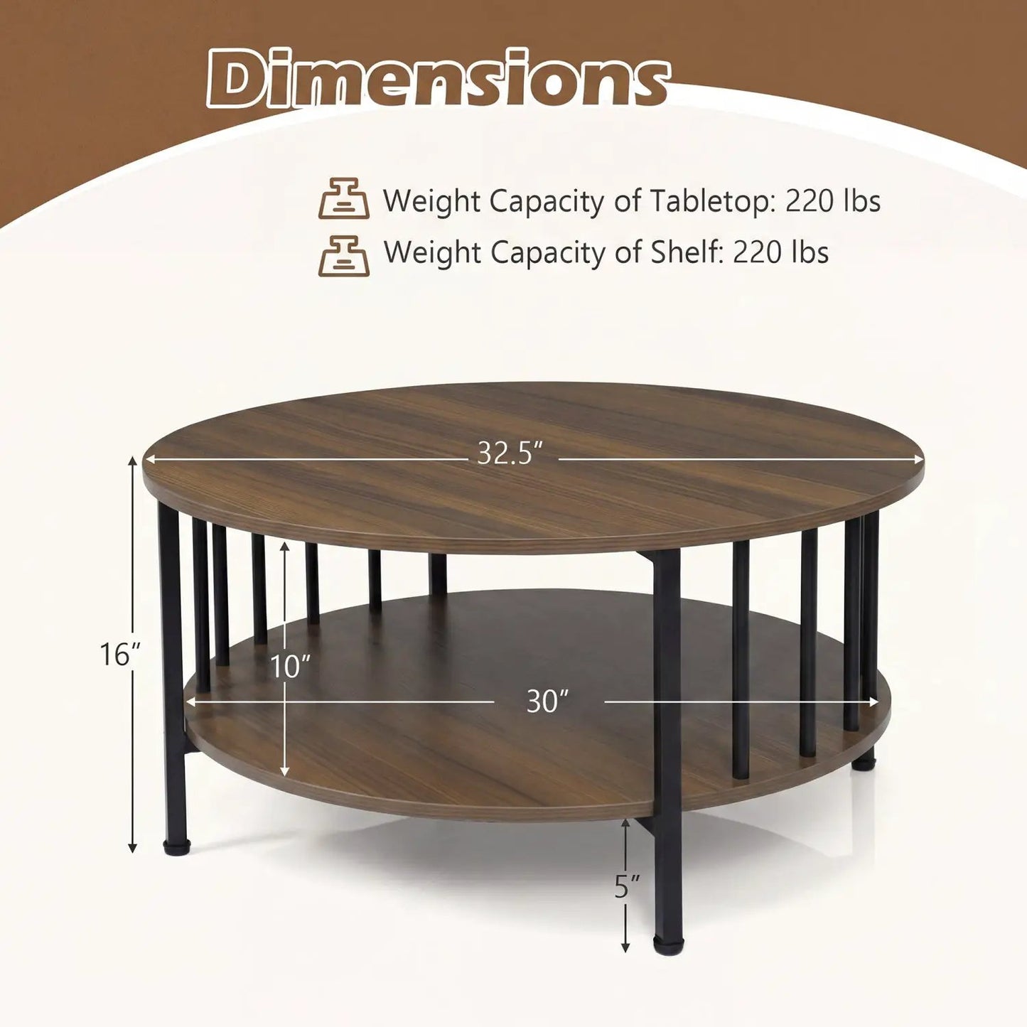 Round Coffee Table with Storage and Metal Frame