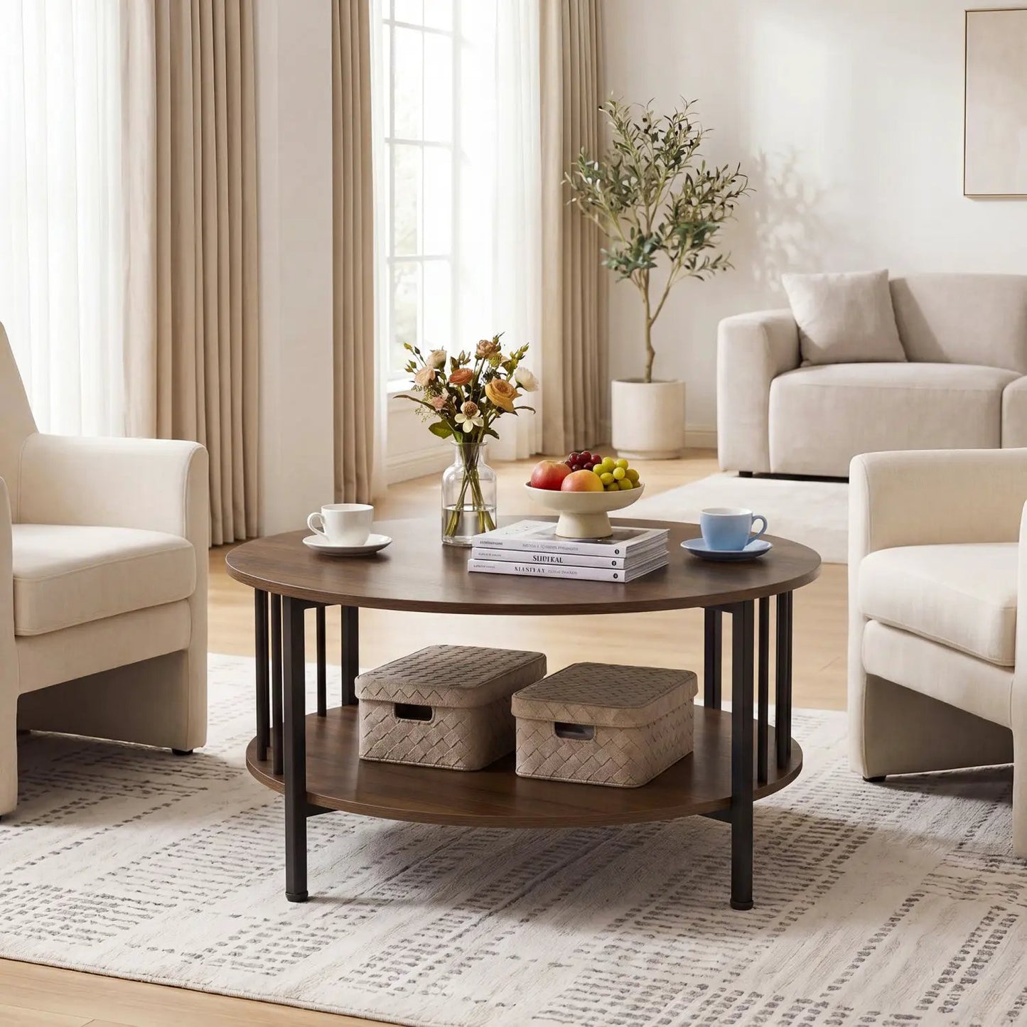 Round Coffee Table with Storage and Metal Frame