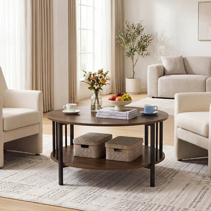 Round Coffee Table with Storage and Metal Frame