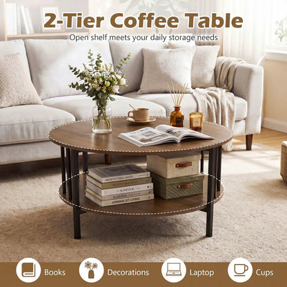 Round Coffee Table with Storage and Metal Frame