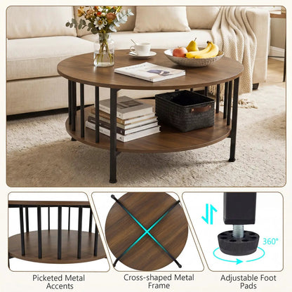 Round Coffee Table with Storage and Metal Frame