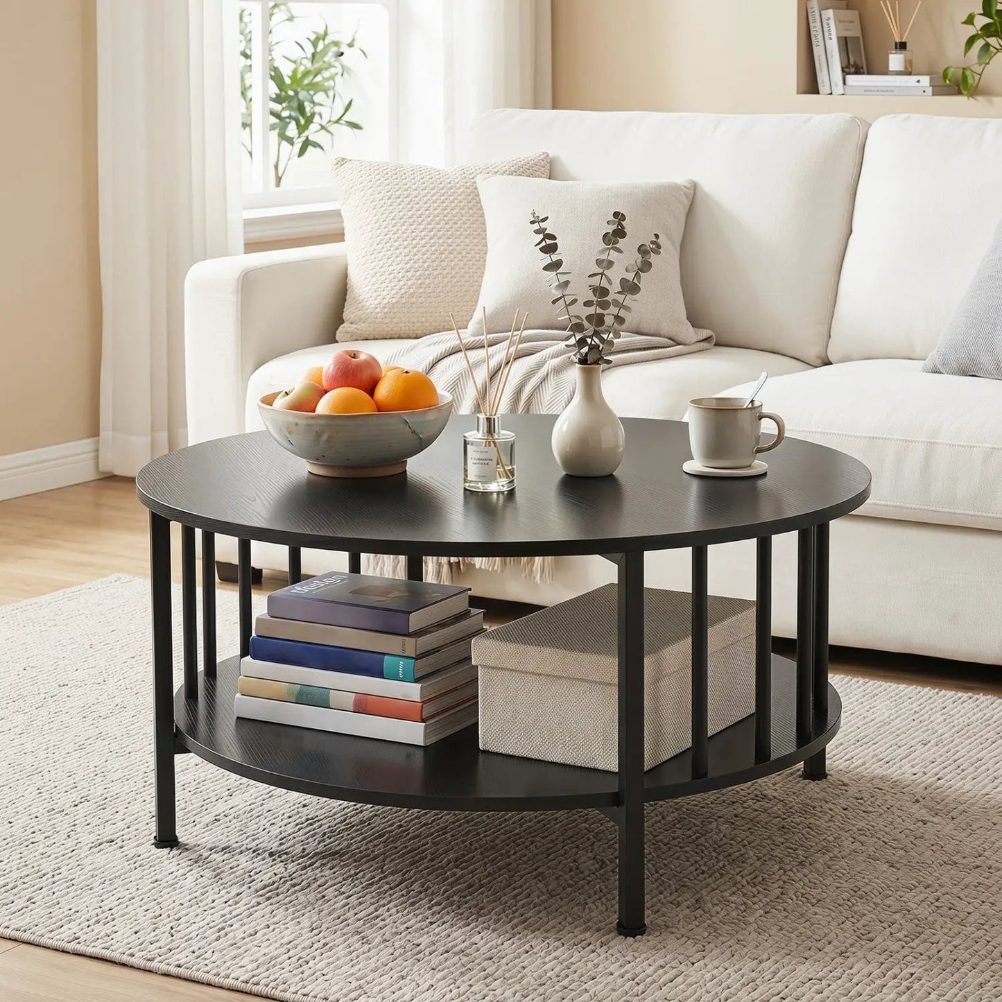 Round Coffee Table with Storage and Metal Frame
