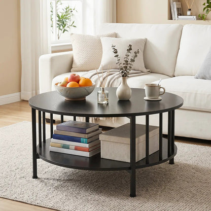 Round Coffee Table with Storage and Metal Frame