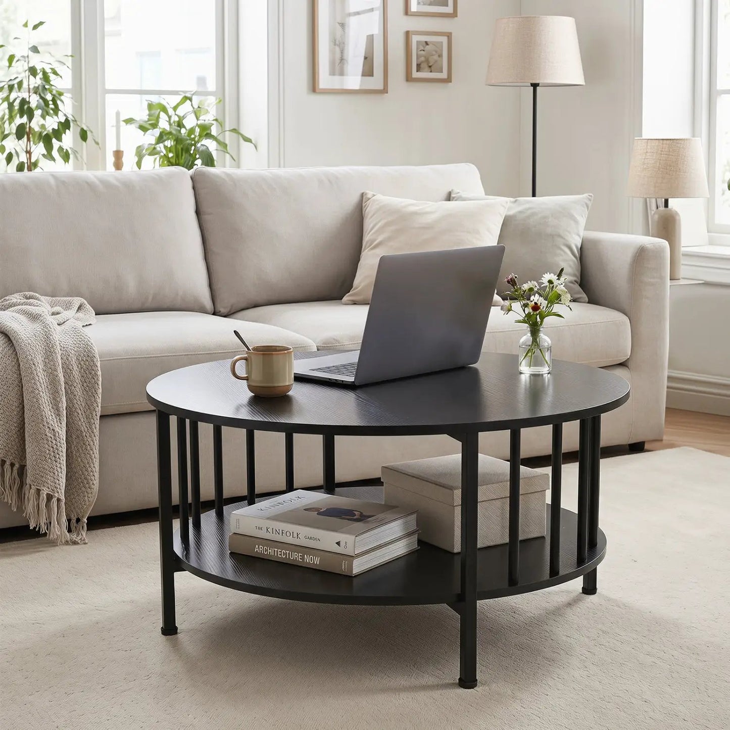 Round Coffee Table with Storage and Metal Frame