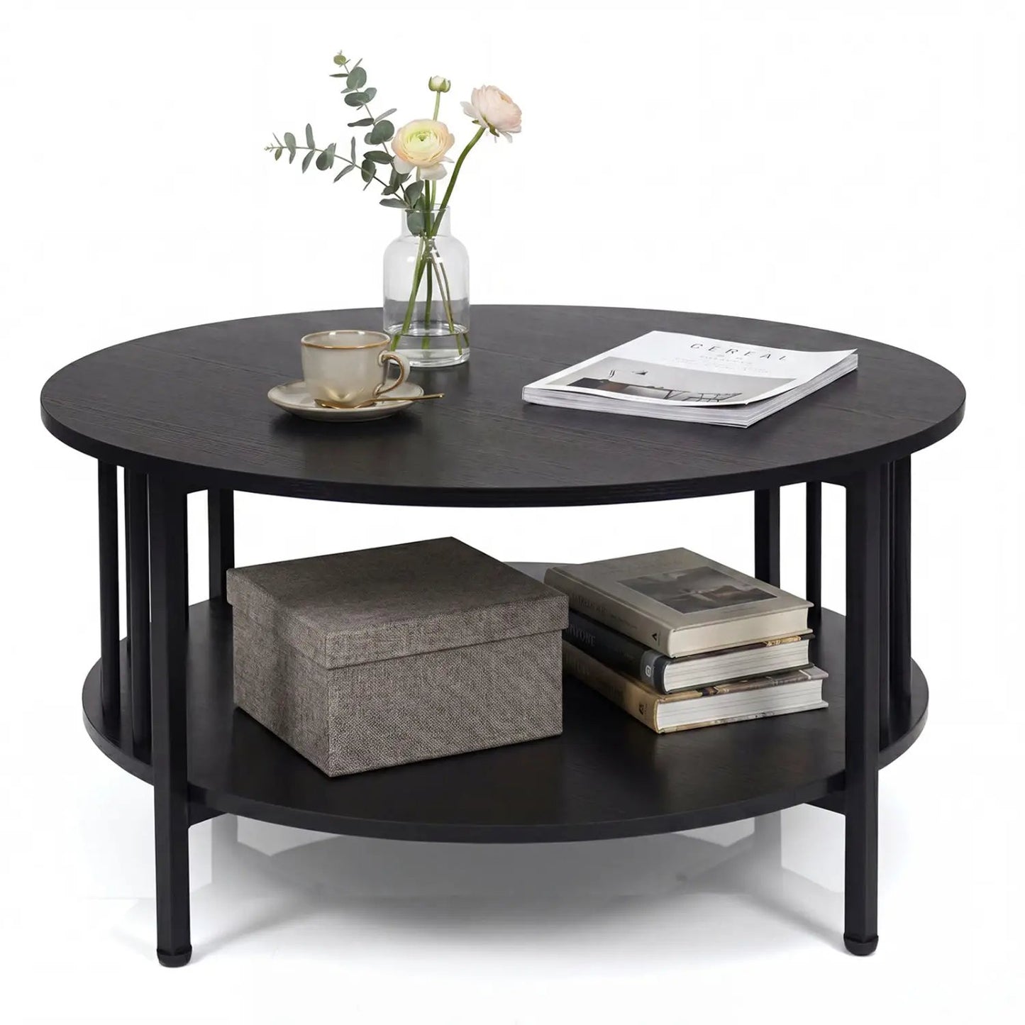 Round Coffee Table with Storage and Metal Frame