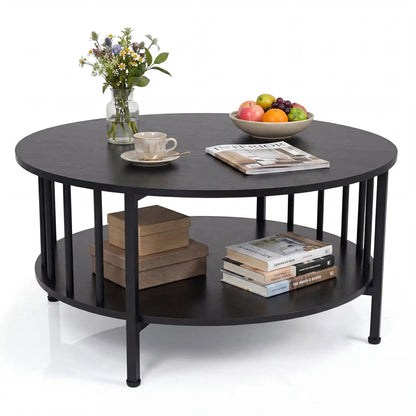 Round Coffee Table with Storage and Metal Frame