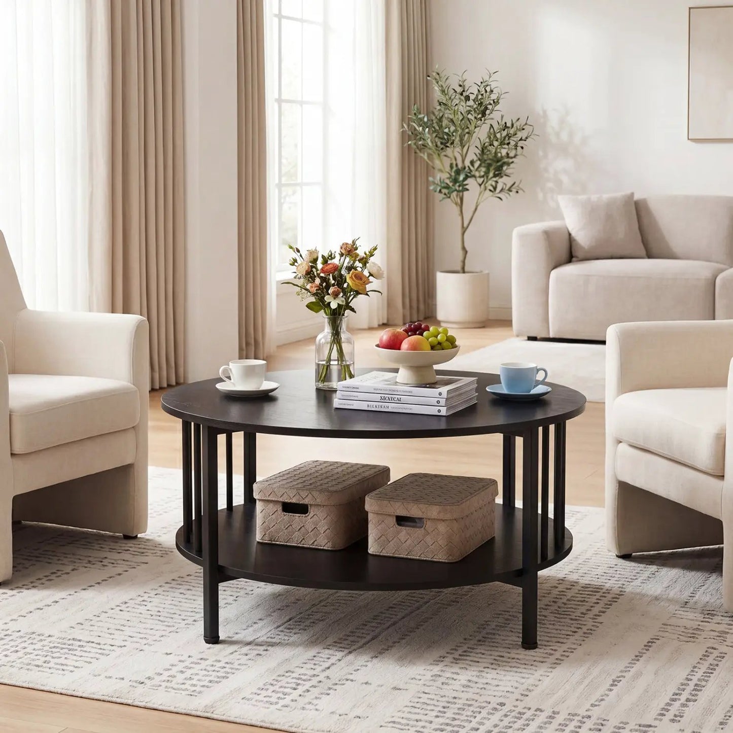 Round Coffee Table with Storage and Metal Frame