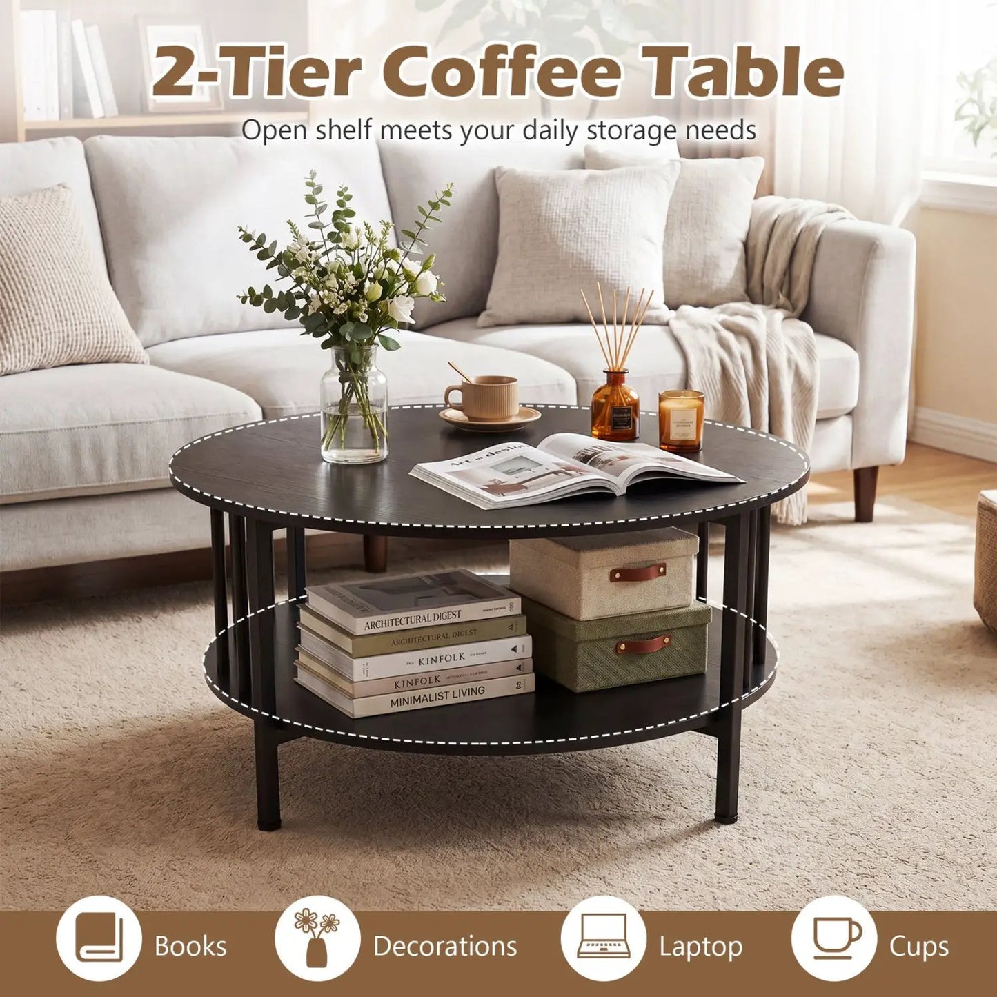 Round Coffee Table with Storage and Metal Frame