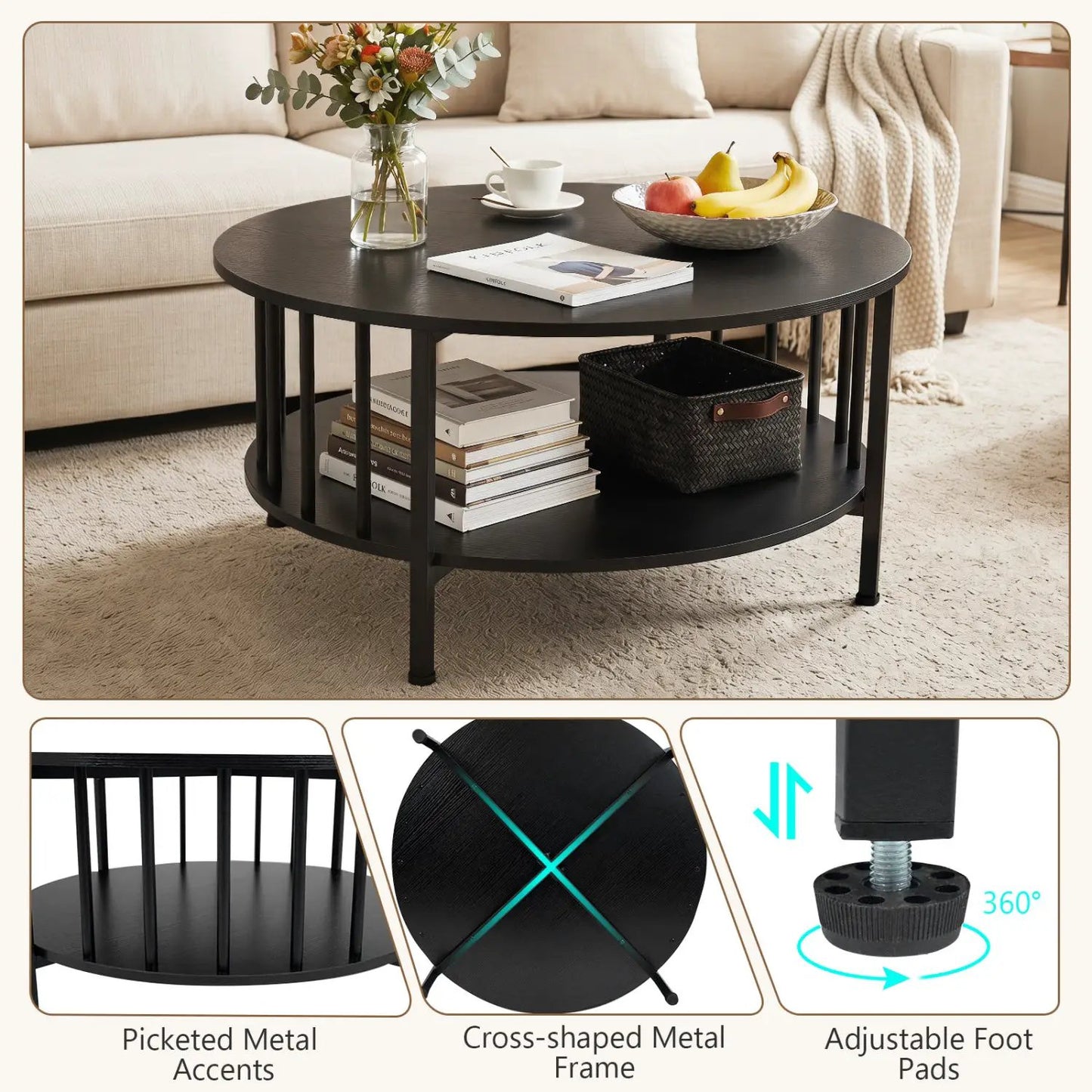 Round Coffee Table with Storage and Metal Frame