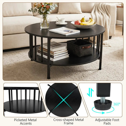 Round Coffee Table with Storage and Metal Frame