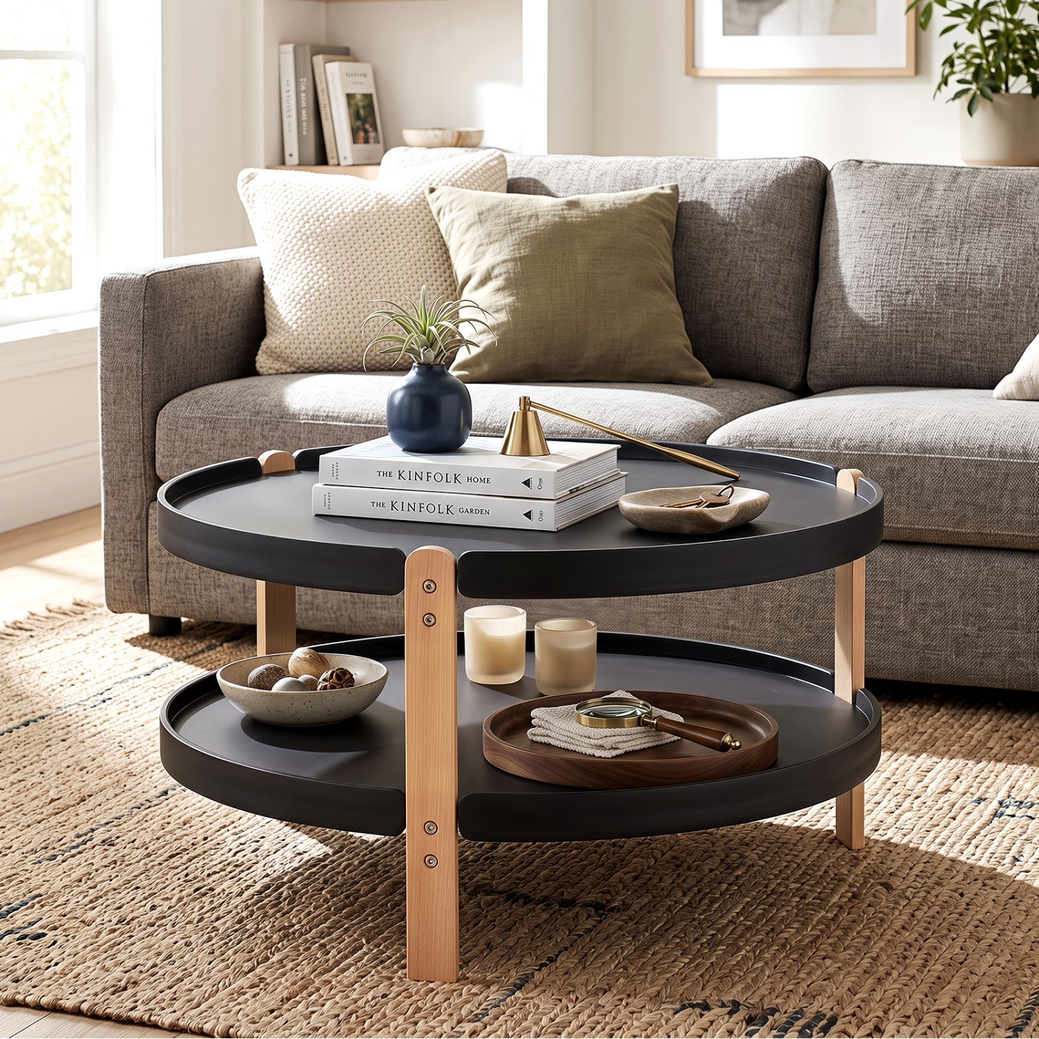 Round coffee table with 2-tier storage and beech wood legs, dark top by DirectDeals on Tampa Home & Garden Store