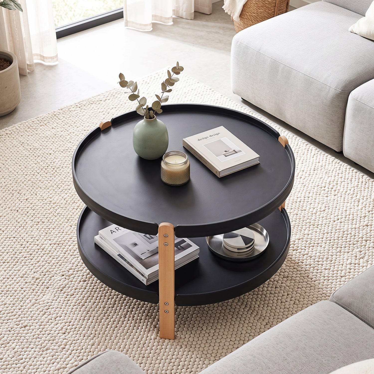 DirectDeals round coffee table with 2-tier storage, black top and beech wood legs on Tampa Home & Garden Store