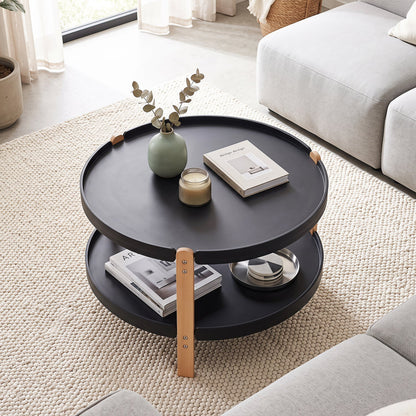 DirectDeals round coffee table with 2-tier storage, black top and beech wood legs on Tampa Home & Garden Store