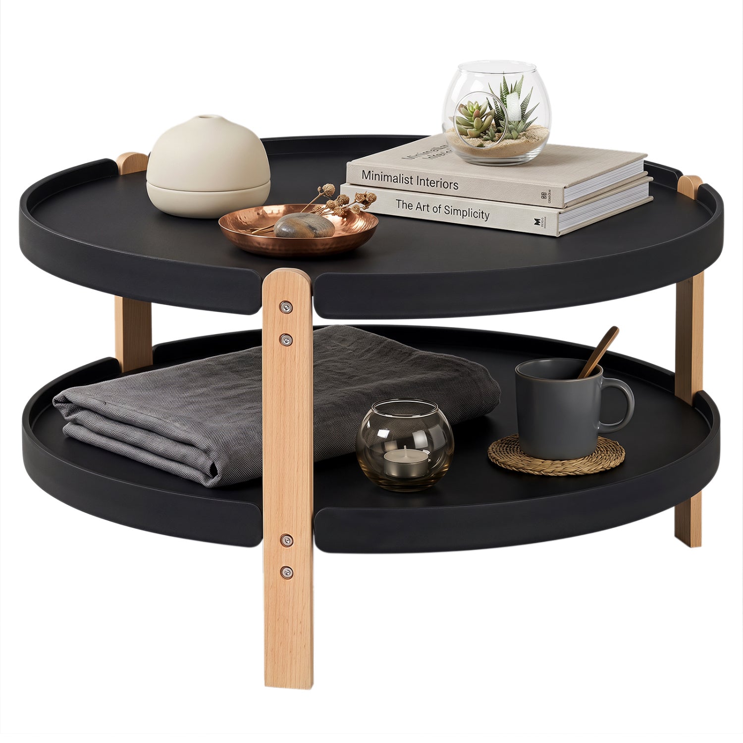 Round coffee table with black top, natural beech legs, 2-tier storage, DirectDeals on Tampa Home & Garden Store