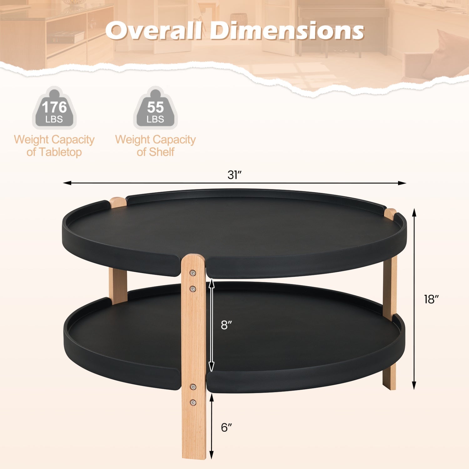 Round coffee table DirectDeals with 2-tier storage on beech wood legs, 31" diameter on Tampa Home & Garden Store