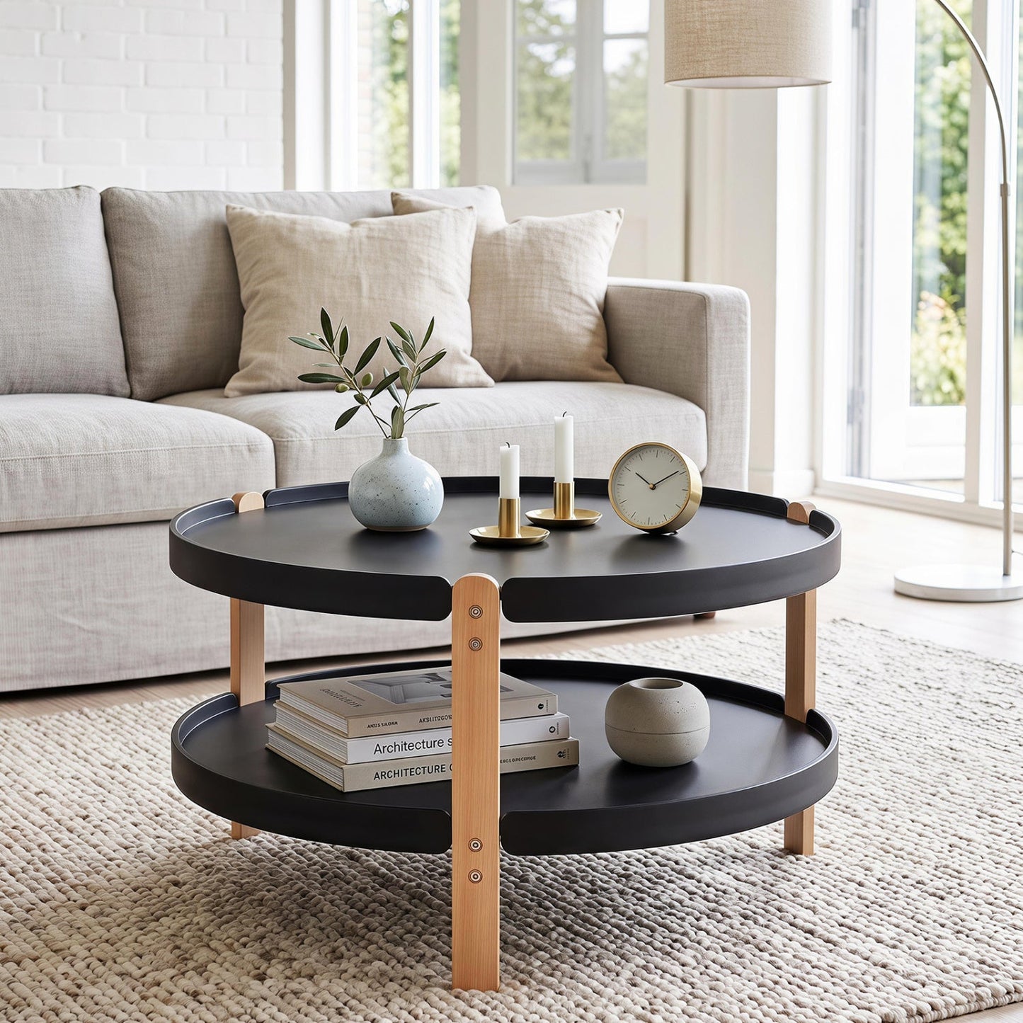 Round coffee table with 2-tier storage, black top and natural beech legs DirectDeals on Tampa Home & Garden Store