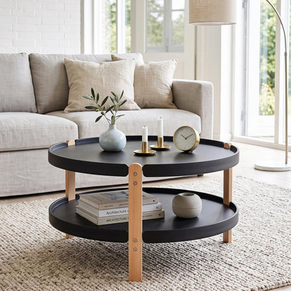 Round coffee table with 2-tier storage, black top and natural beech legs DirectDeals on Tampa Home & Garden Store