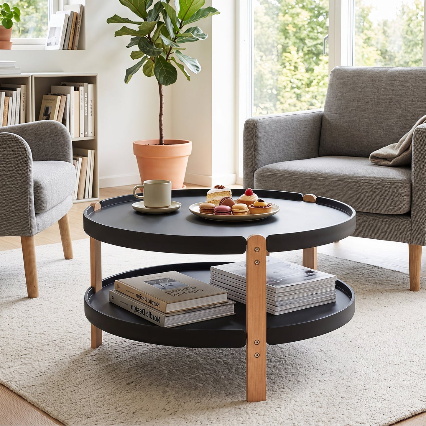 Round coffee table with 2-tier storage, black top and beech wood legs, DirectDeals on Tampa Home & Garden Store