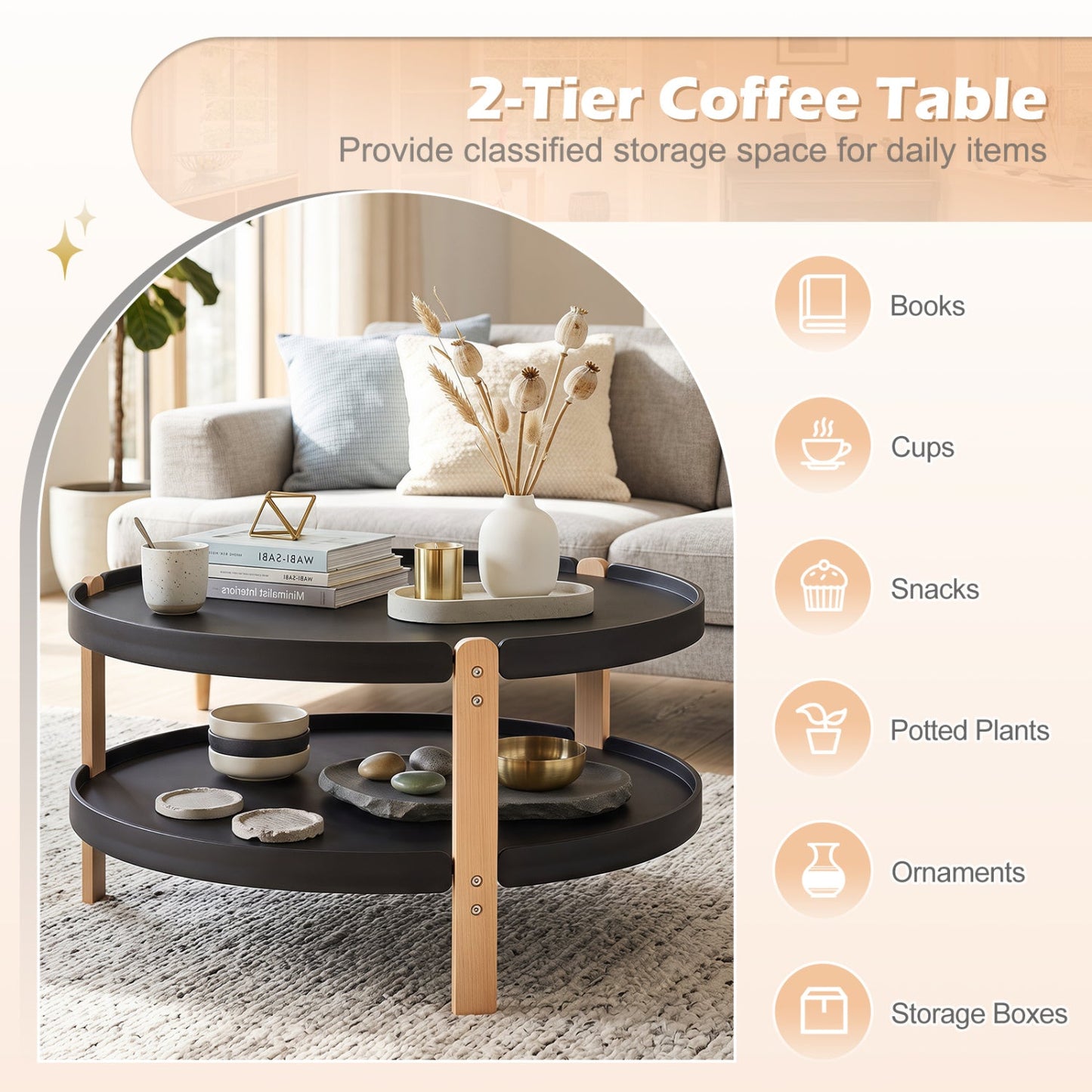 Round coffee table with 2-tier storage and beech wood legs by DirectDeals in dark espresso top on Tampa Home & Garden Store