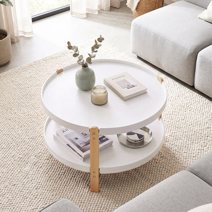 Round coffee table with 2-tier storage and beech wood legs, white top with vase and candle on Tampa Home & Garden Store
