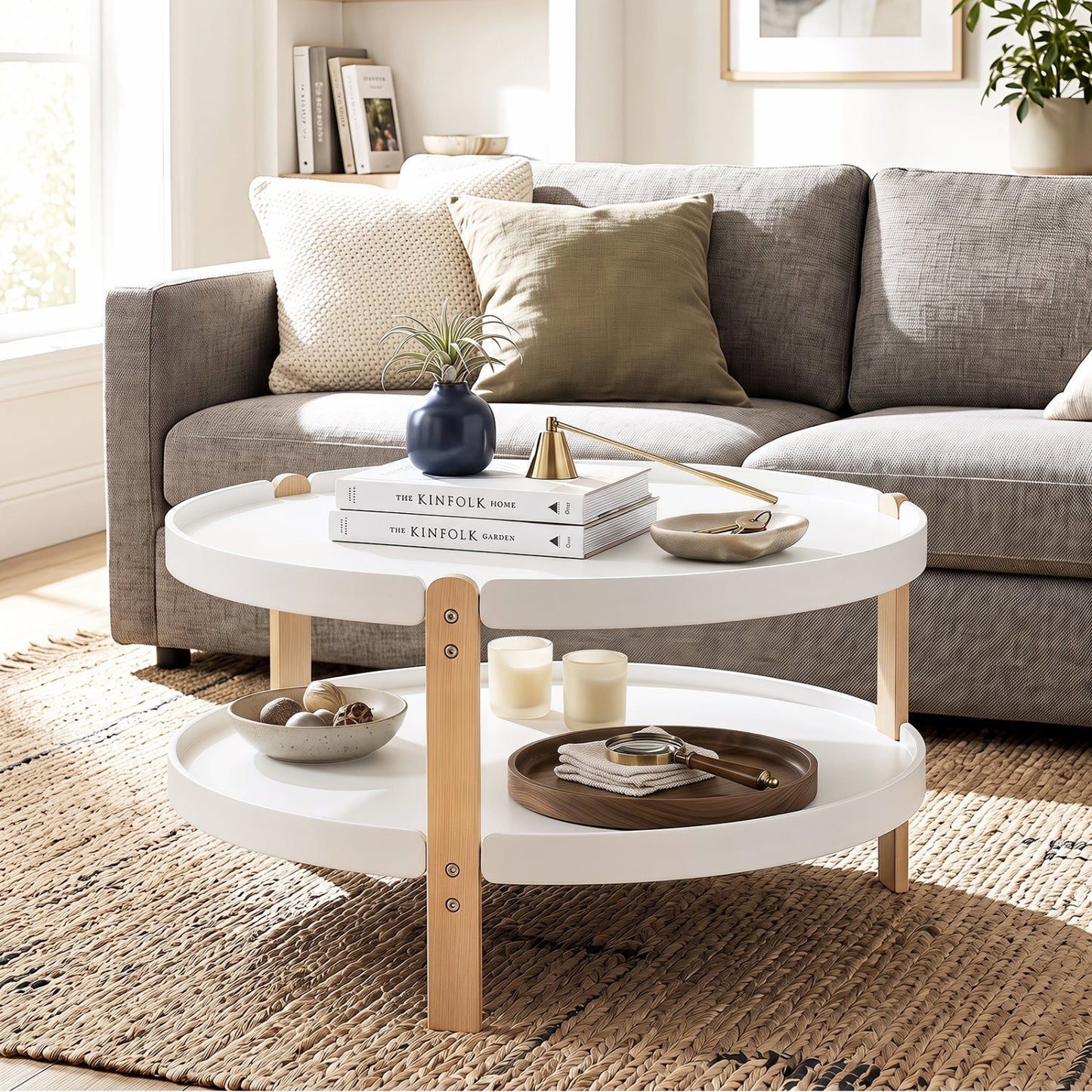 Round coffee table with 2-tier storage and beech wood legs by DirectDeals, white top on Tampa Home & Garden Store
