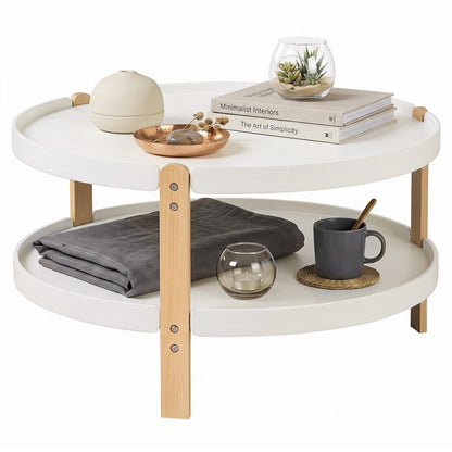 Round coffee table with 2-tier storage and beech wood legs, white top by DirectDeals on Tampa Home & Garden Store