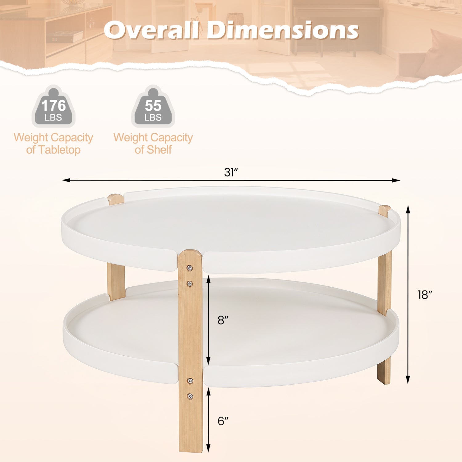 Round coffee table with 2-tier storage, white top and shelves, beech wood legs by DirectDeals on Tampa Home & Garden Store