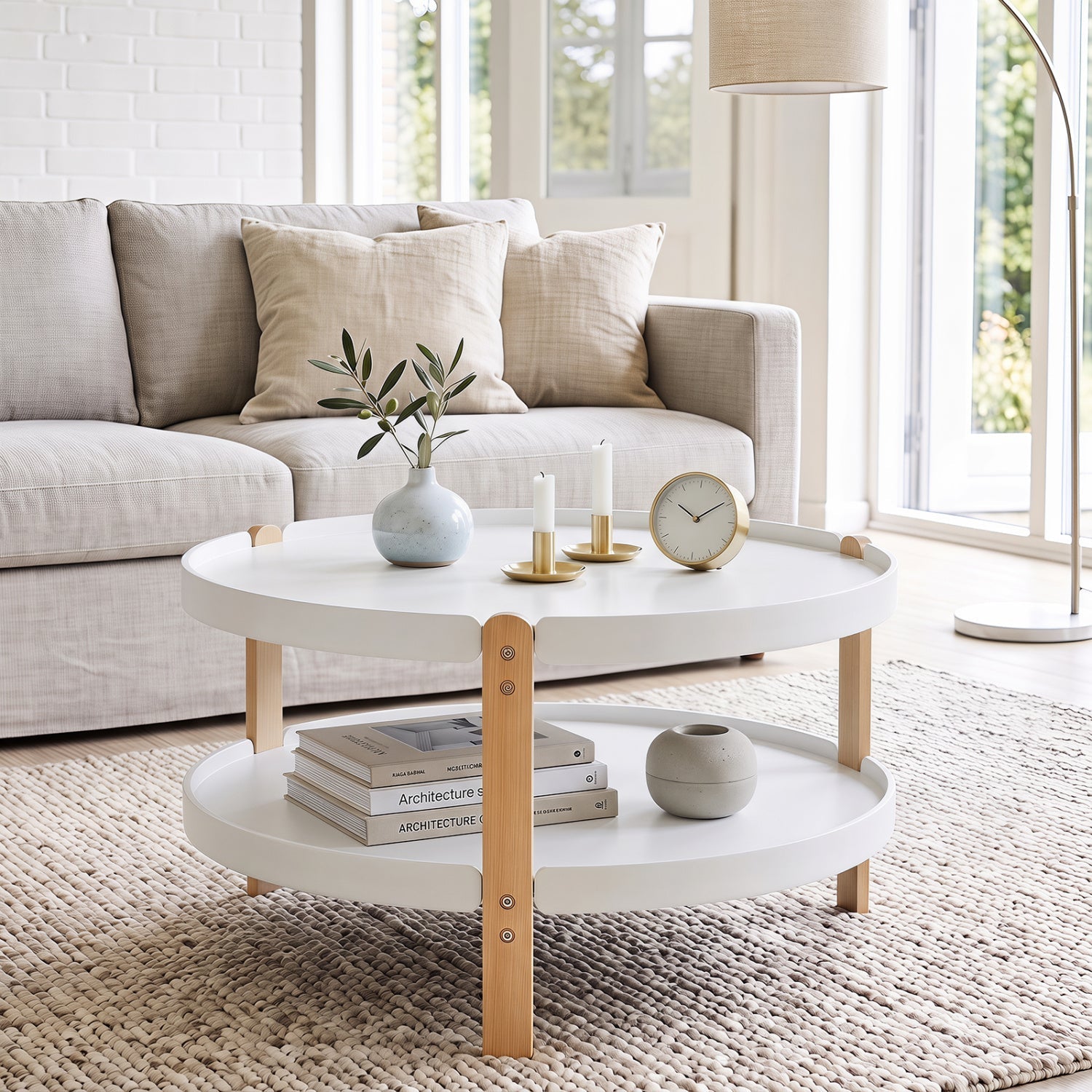 Round coffee table with 2-tier storage and beech wood legs in a bright living room on Tampa Home & Garden Store