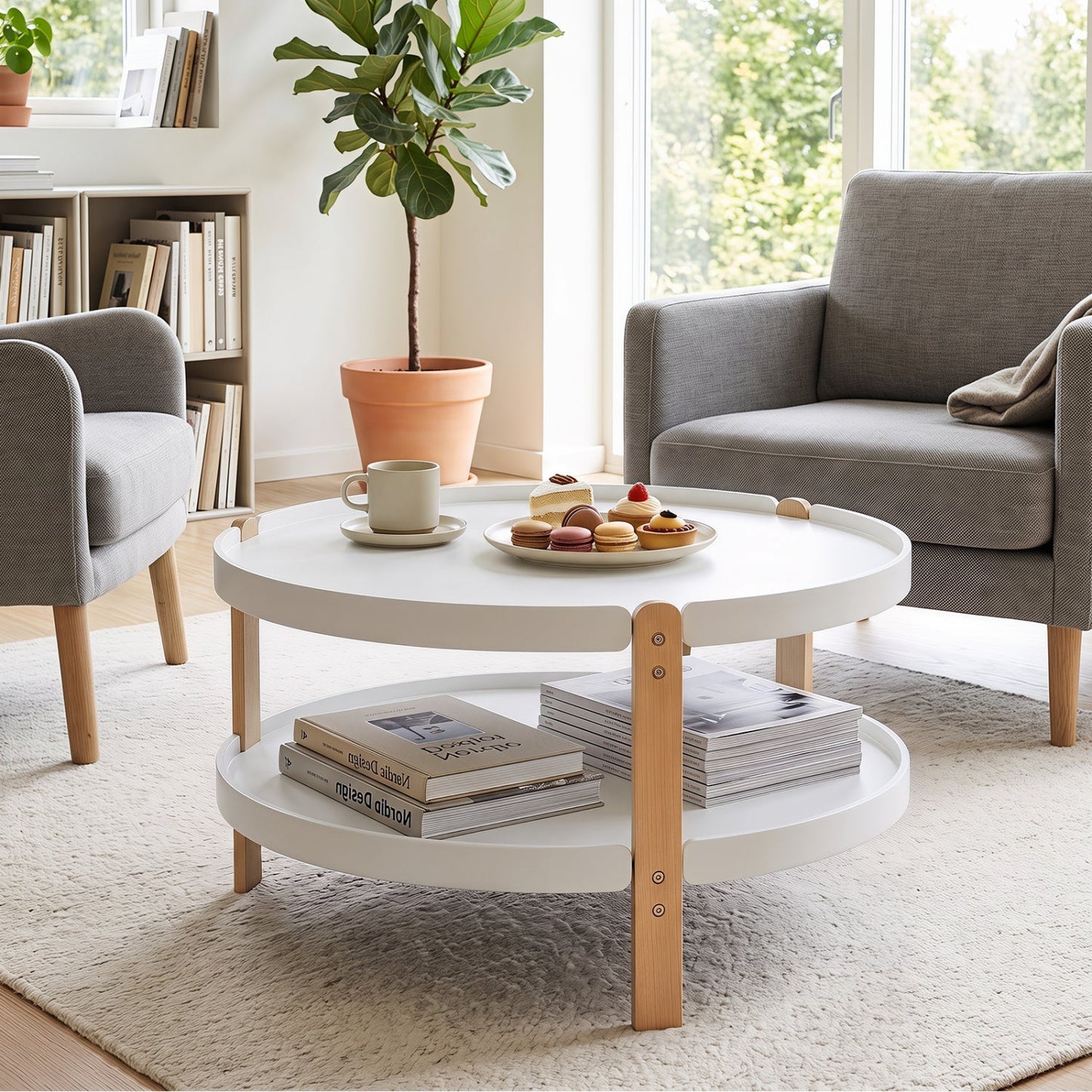 Round coffee table with 2-tier storage, white top and beech wood legs on Tampa Home & Garden Store