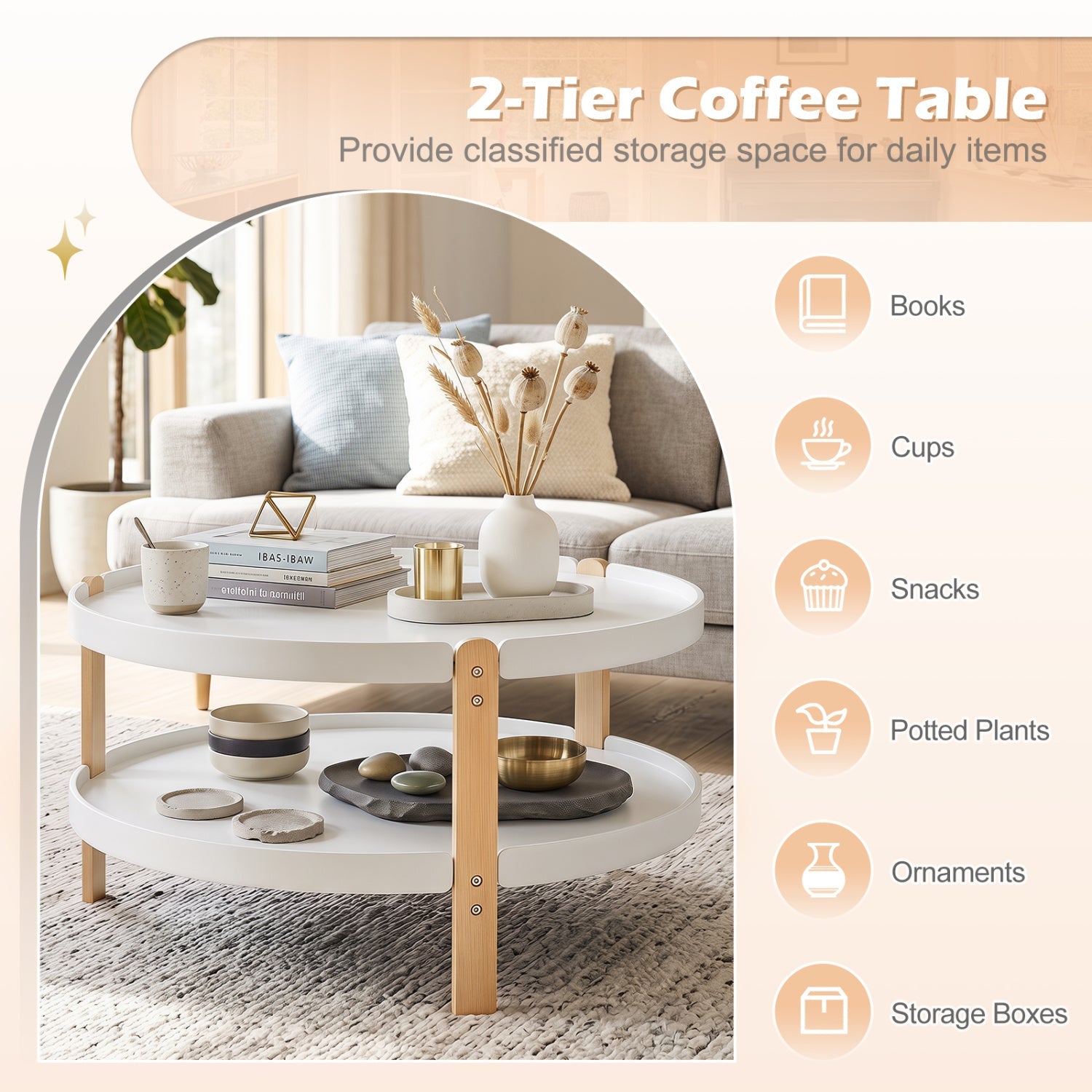 Round coffee table with 2-tier storage, white top and beech wood legs by DirectDeals on Tampa Home & Garden Store