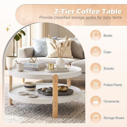 Round coffee table with 2-tier storage, white top and beech wood legs by DirectDeals on Tampa Home & Garden Store