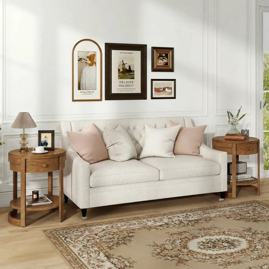 Round end tables with drawer, 2-tier mid-century modern wood finish beside beige sofa on Tampa Home & Garden Store