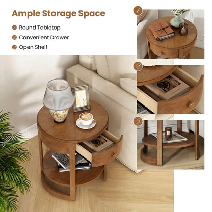 Round End Table Set Of 2 With Drawer For Living