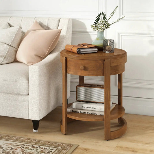 Round end table set of 2 with drawer, warm wood finish, mid century modern DirectDeals on Tampa Home & Garden Store