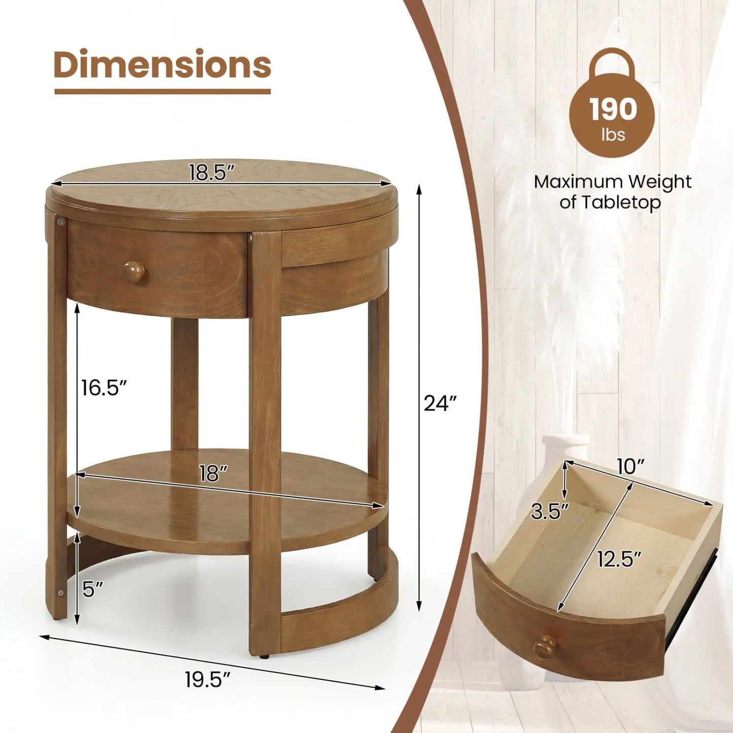 Round End Table Set Of 2 With Drawer For Living