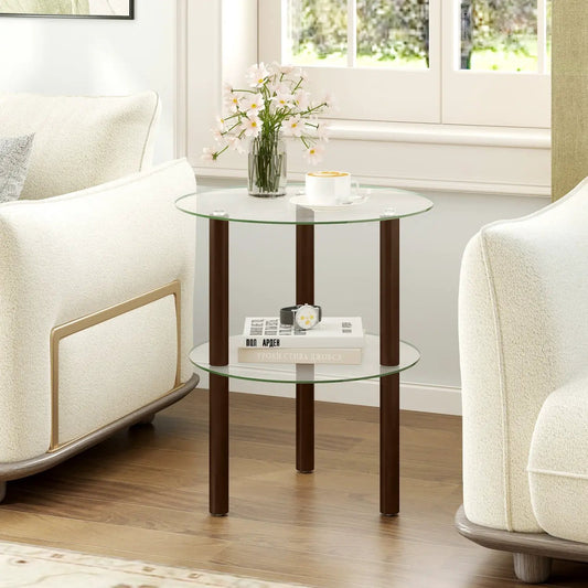 Round End Table with Tempered Glass Top and Shelf, DirectDeals; brown wood legs, vase on top on Tampa Home & Garden Store