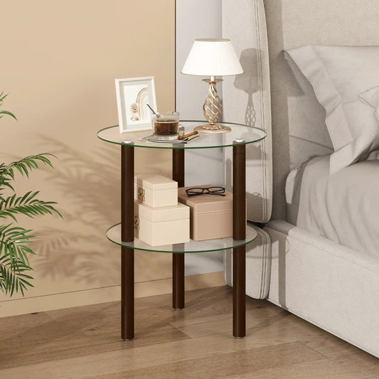Round End Table by DirectDeals with tempered glass top and shelf, dark brown legs; lamp on top on Tampa Home & Garden Store