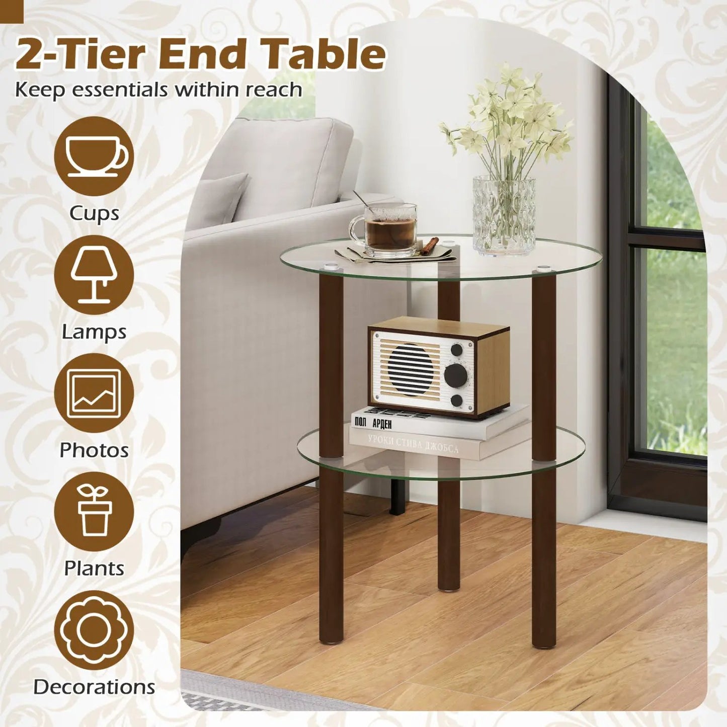 Round End Table with Tempered Glass Top and Shelf