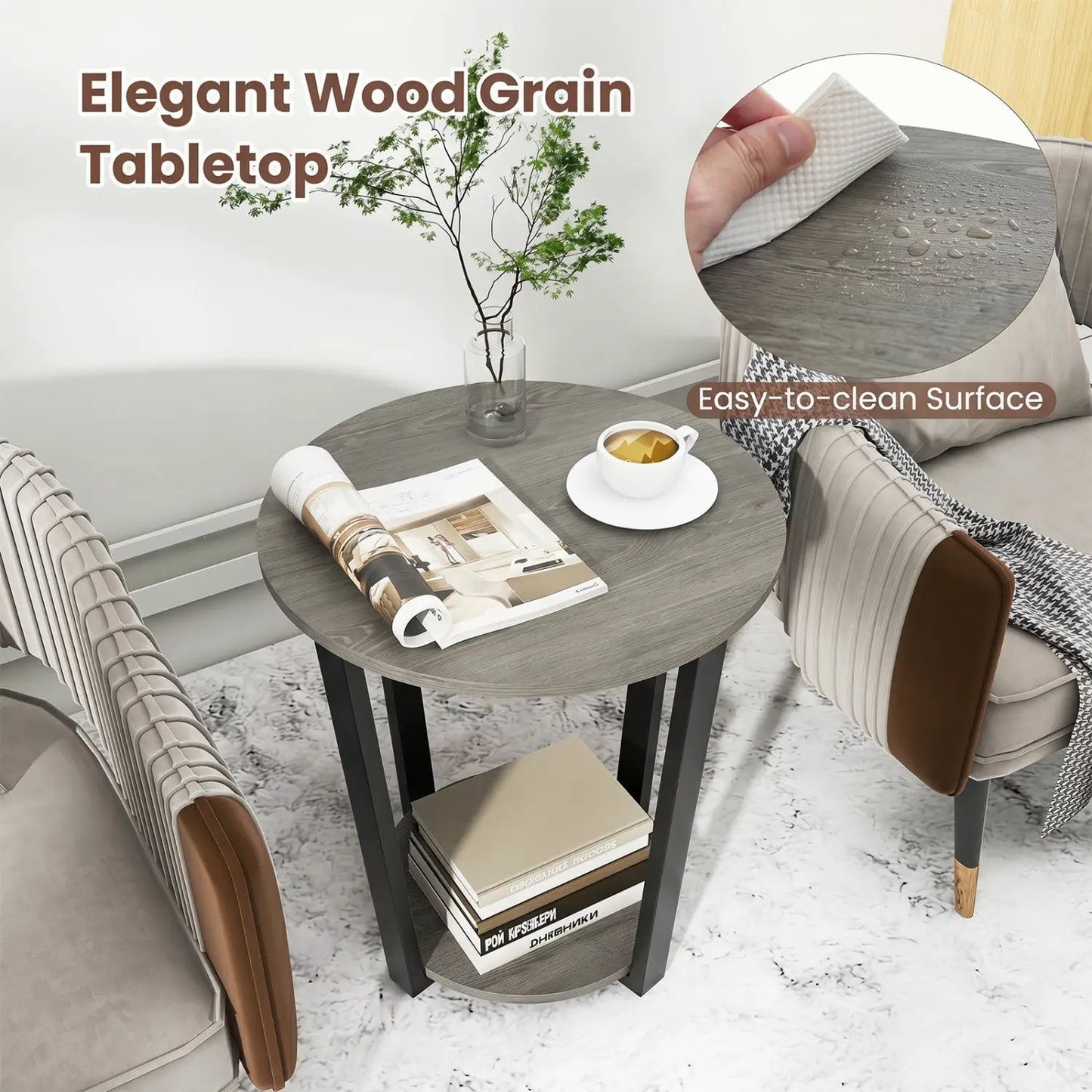 Round End Table with Storage and Metal Frame