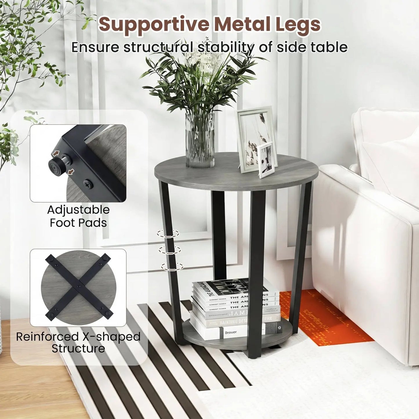 Round End Table with Storage and Metal Frame