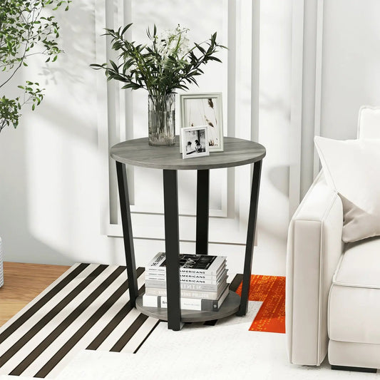 Round End Table with Storage Shelf and Metal Frame; gray wood top, black legs, vase with plants on Tampa Home & Garden Store