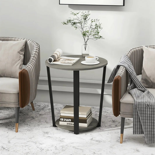 Round end table with storage shelf and black metal frame in gray wood on Tampa Home & Garden Store