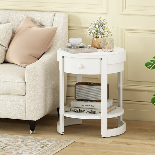 2-Tier Round End Table Mid Century Modern Nightstand with Drawer and Shelf - Tampa Home & Garden Store