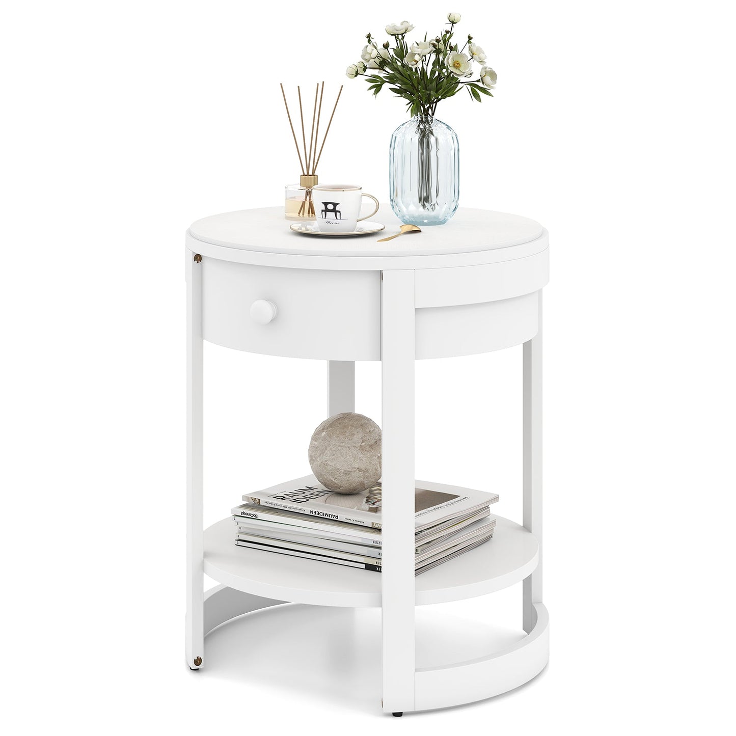 2-Tier Round End Table Mid Century Modern Nightstand with Drawer and Shelf